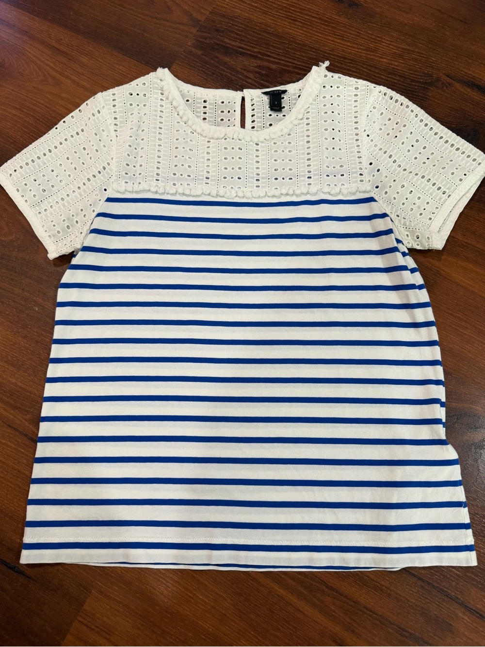 J.Crew Womens Blue White
Striped Eyelet Lace Pom Pom
Trim Short Sleeve Top Sz S